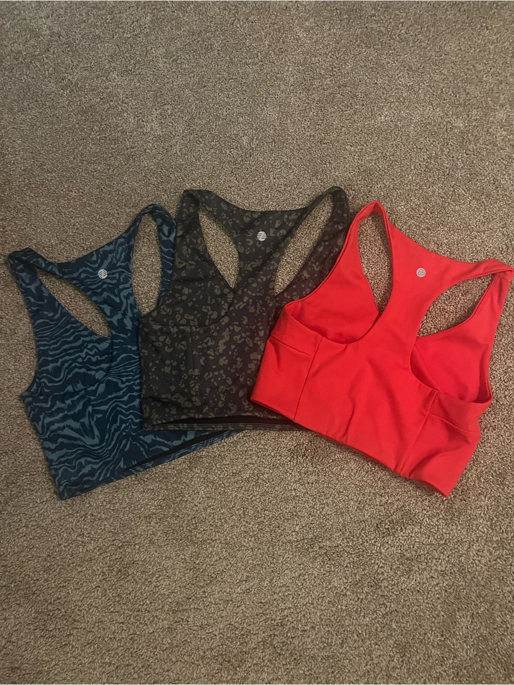 Zella Women's Racerback Sports Bras in Red, Green Cheetah and Blue Wave Pattern